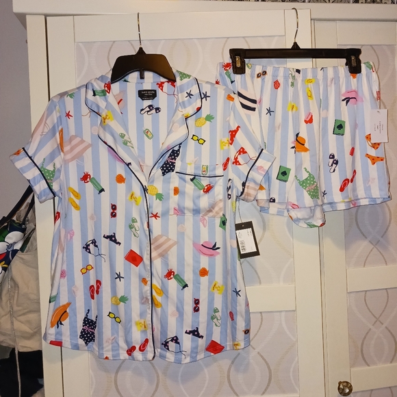 Kate Spade Aqua Stripe Pajamas Set PJ Shirt + Shorts Sleepwear KS12601T - Picture 16 of 16